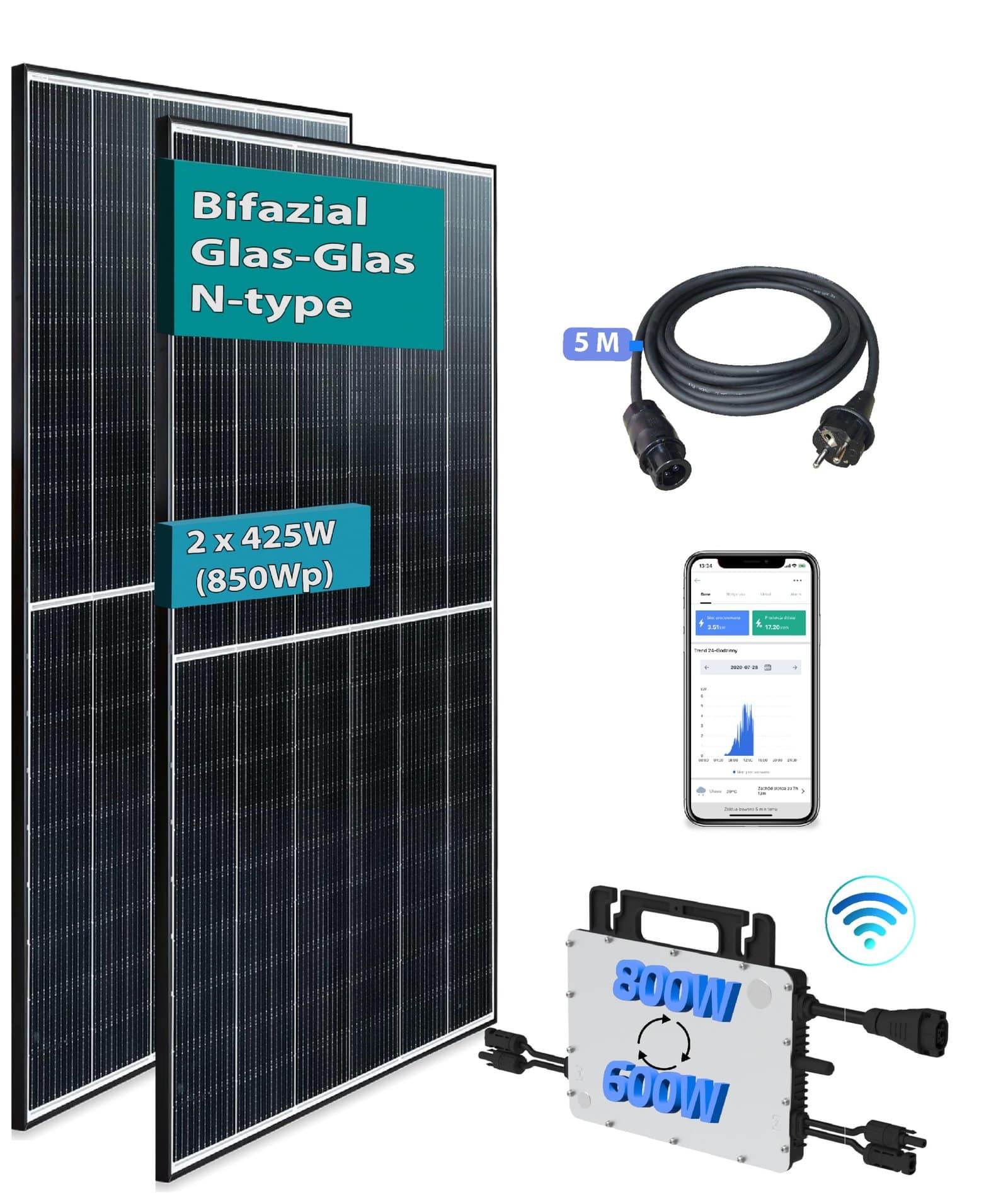 Balkonkraftwerk 850Wp JA Solar Bifazial N-Type JAM54D40-425/GB mit Hoymiles HMS-800-2T