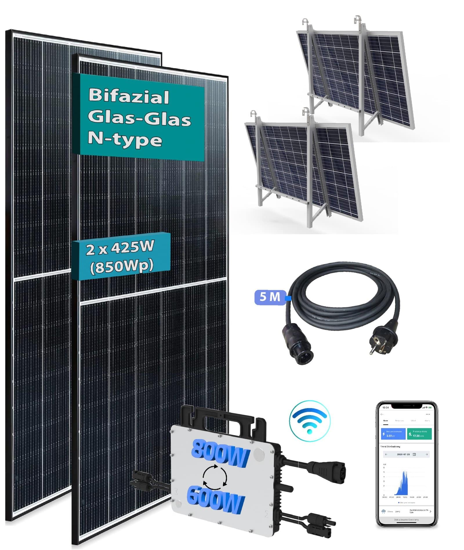 Balkonkraftwerk 850Wp JA Solar Bifazial N-Type JAM54D40-425/GB Hoymiles HMS-800-2T mit Balkon Halterung