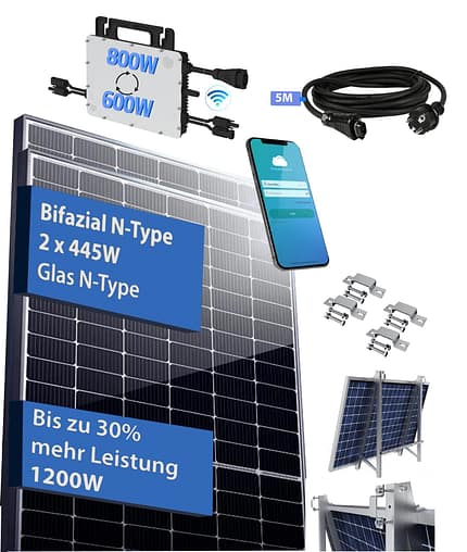 Balkonkraftwerk 890Wp JA Solar Bifazial N-Type JAM54D40-445/GB Hoymiles HMS-800W-2T mit Halterung