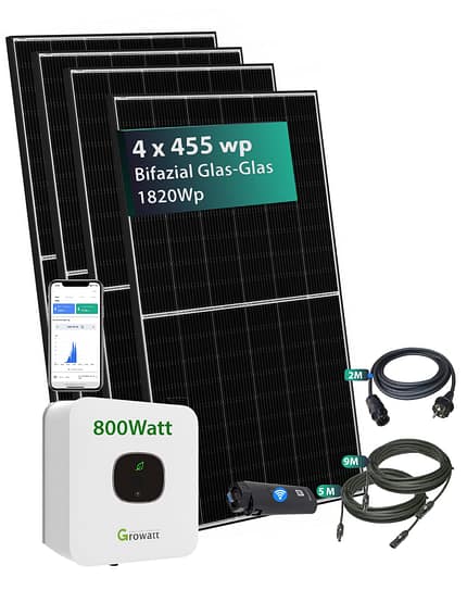 Balkonkraftwerk 1820Wp 4 x JA Solar Bifazial N-Type JAM54D40-455/GB mit Growatt Mic-800 Tlx Wechselrichter 800W
